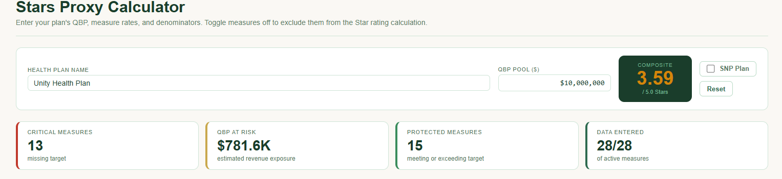 Stars Proxy Calculator — QBP exposure dashboard